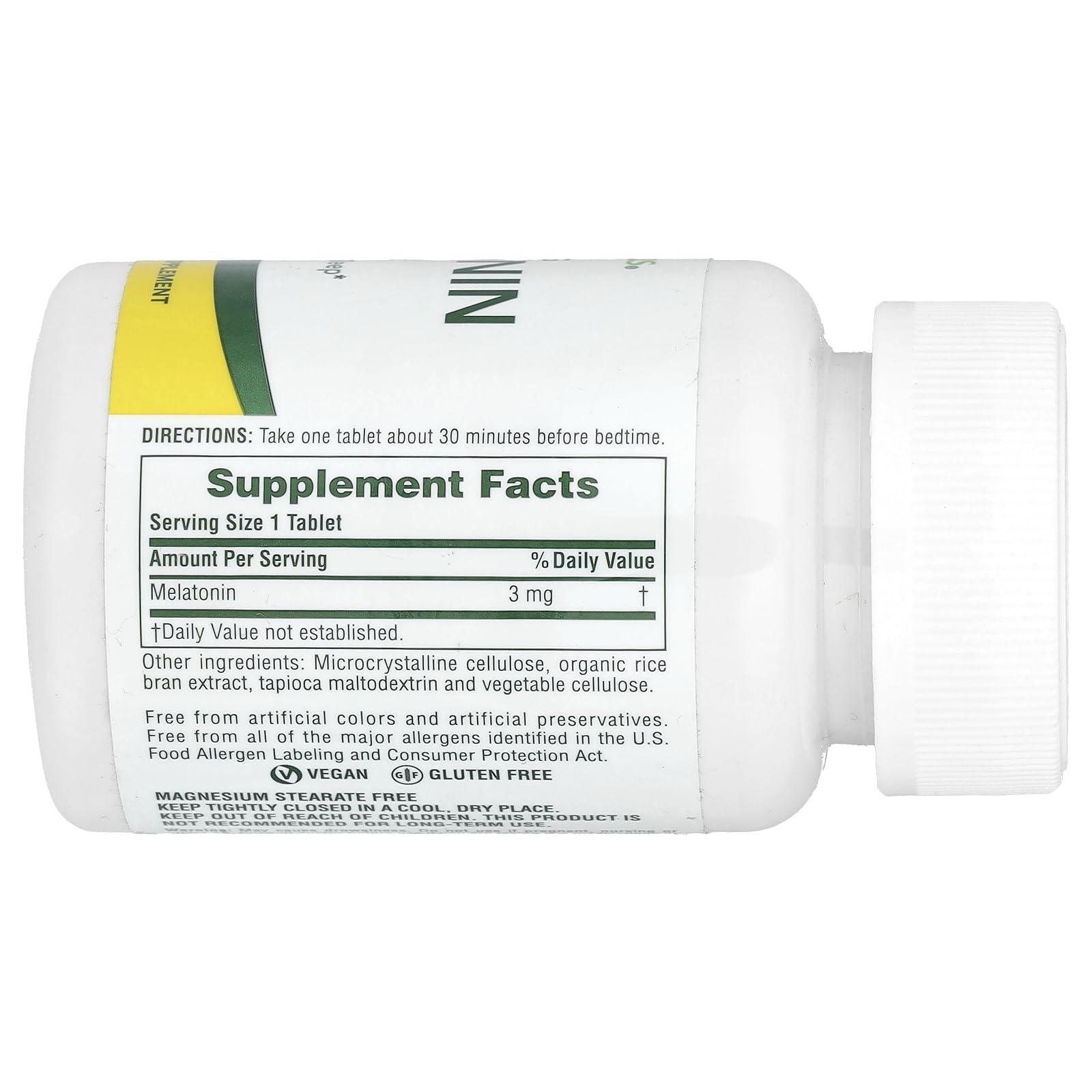 Close-up of Nature's Plus Melatonin 3 mg bottle with 90 servings