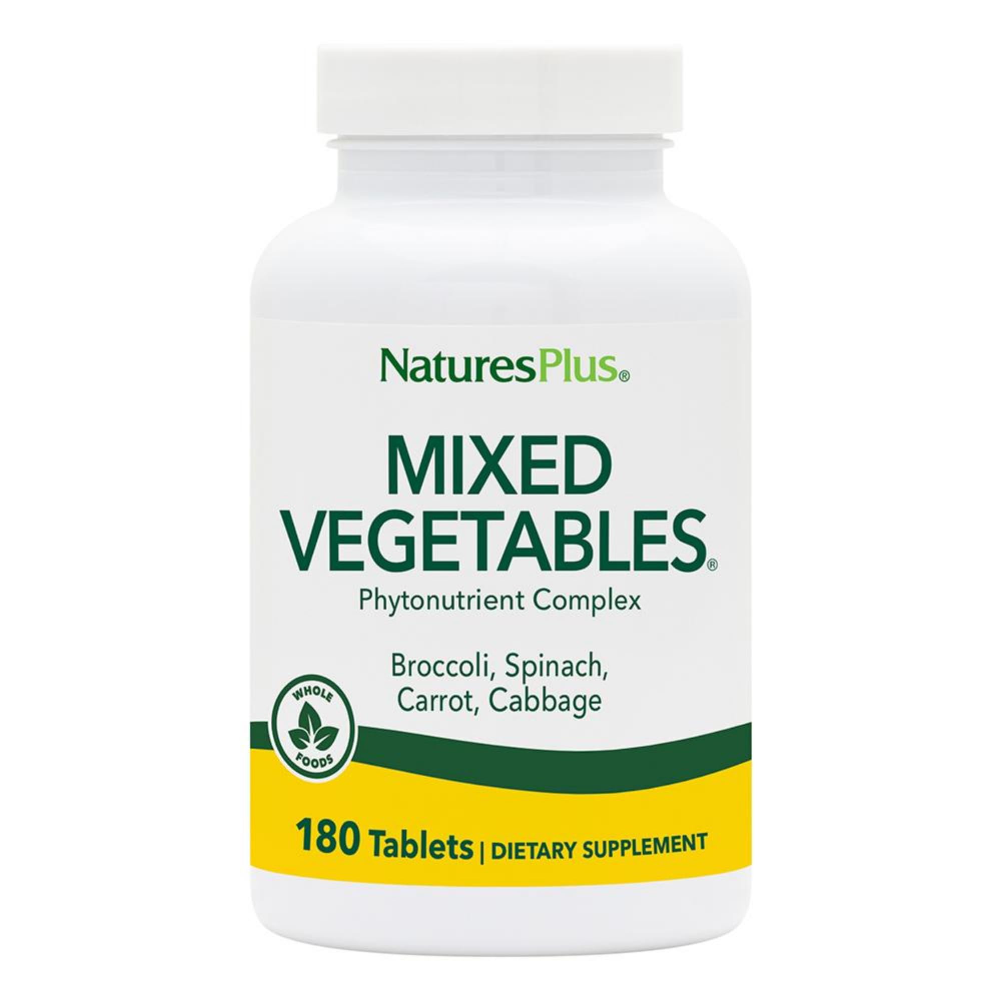 Front label of Natures Plus Mixed Vegetables 1300 mg 180 Vegetarian Tablets