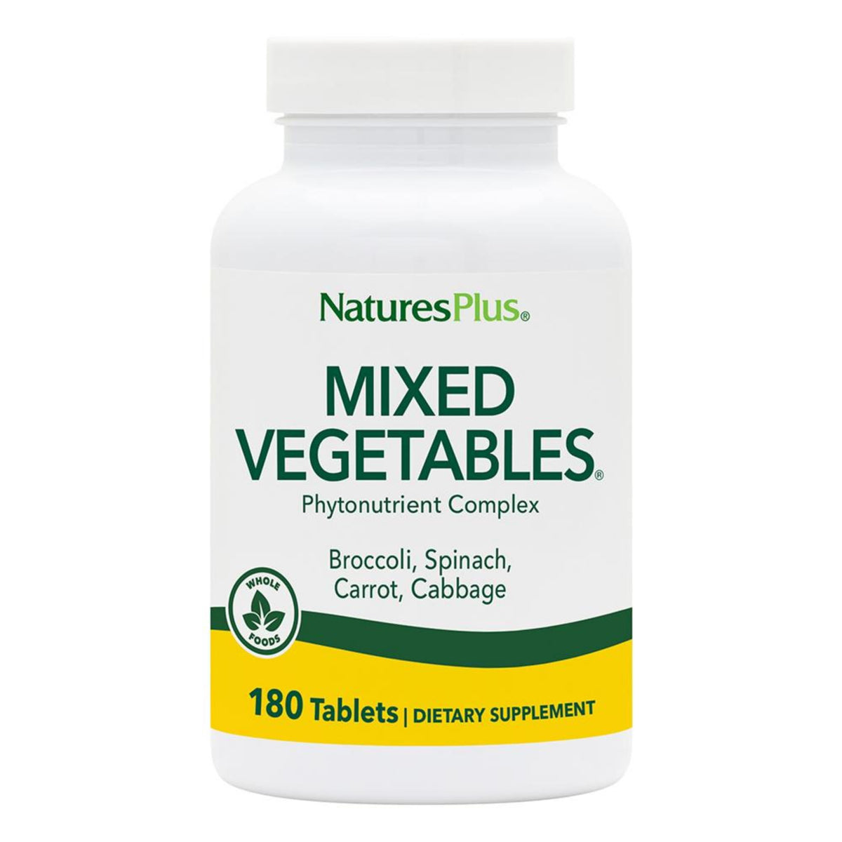 Front label of Natures Plus Mixed Vegetables 1300 mg 180 Vegetarian Tablets