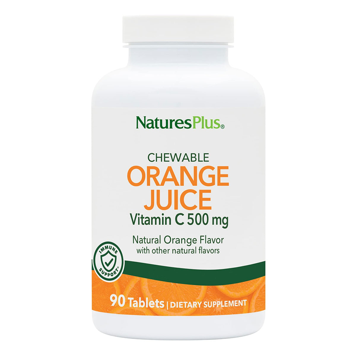 Front view of Natures Plus Orange Juice Vitamin C 500 mg 90-tablet bottle