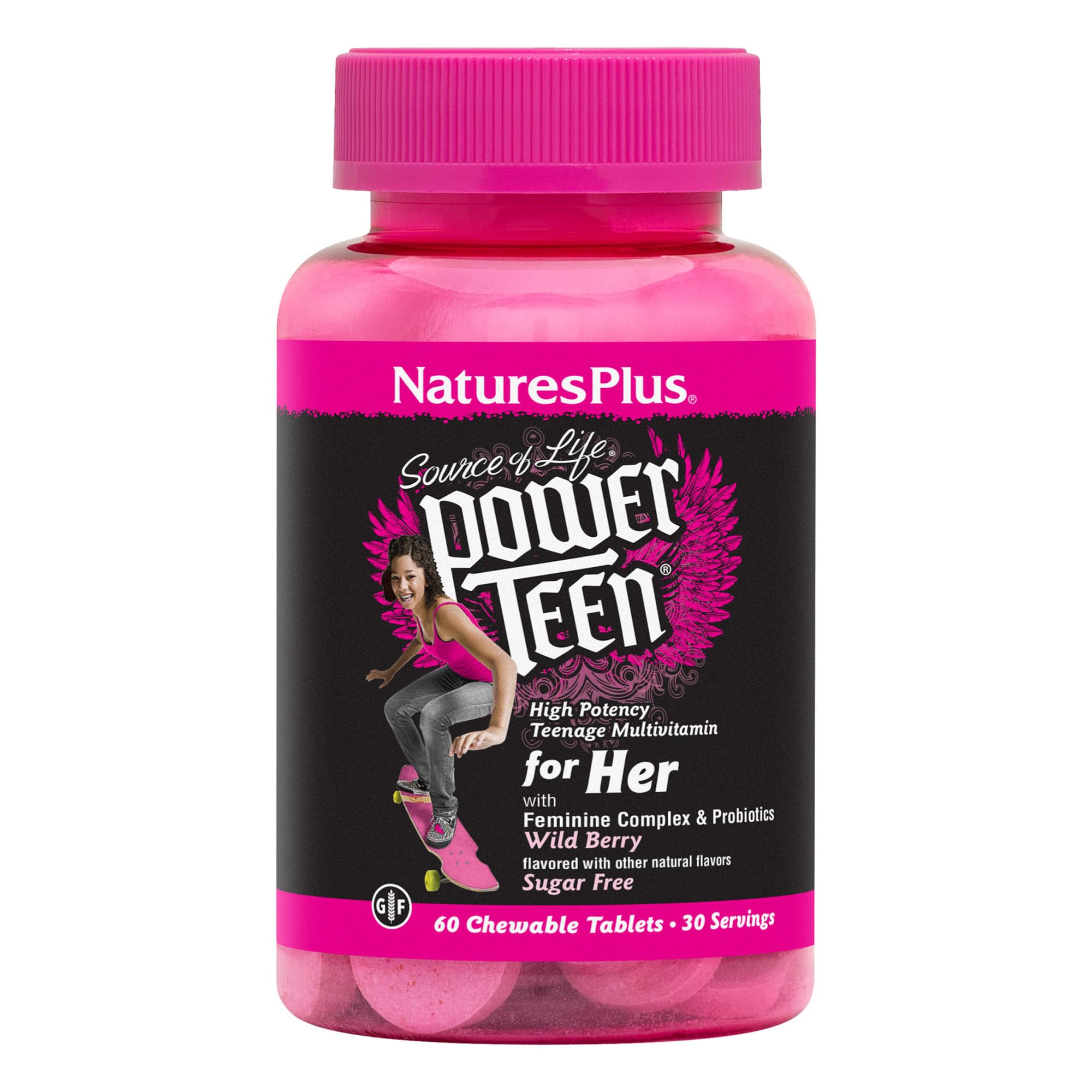 Front view of Natures Plus Power Teen for Her Chewable Wild Berry bottle with 60 vegetarian tablets