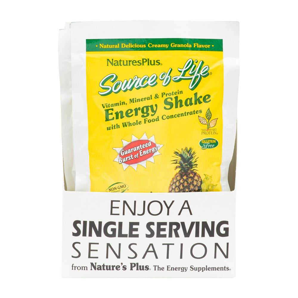 Natures Plus Source of Life Energy Shake packets 8-pack on a neutral background