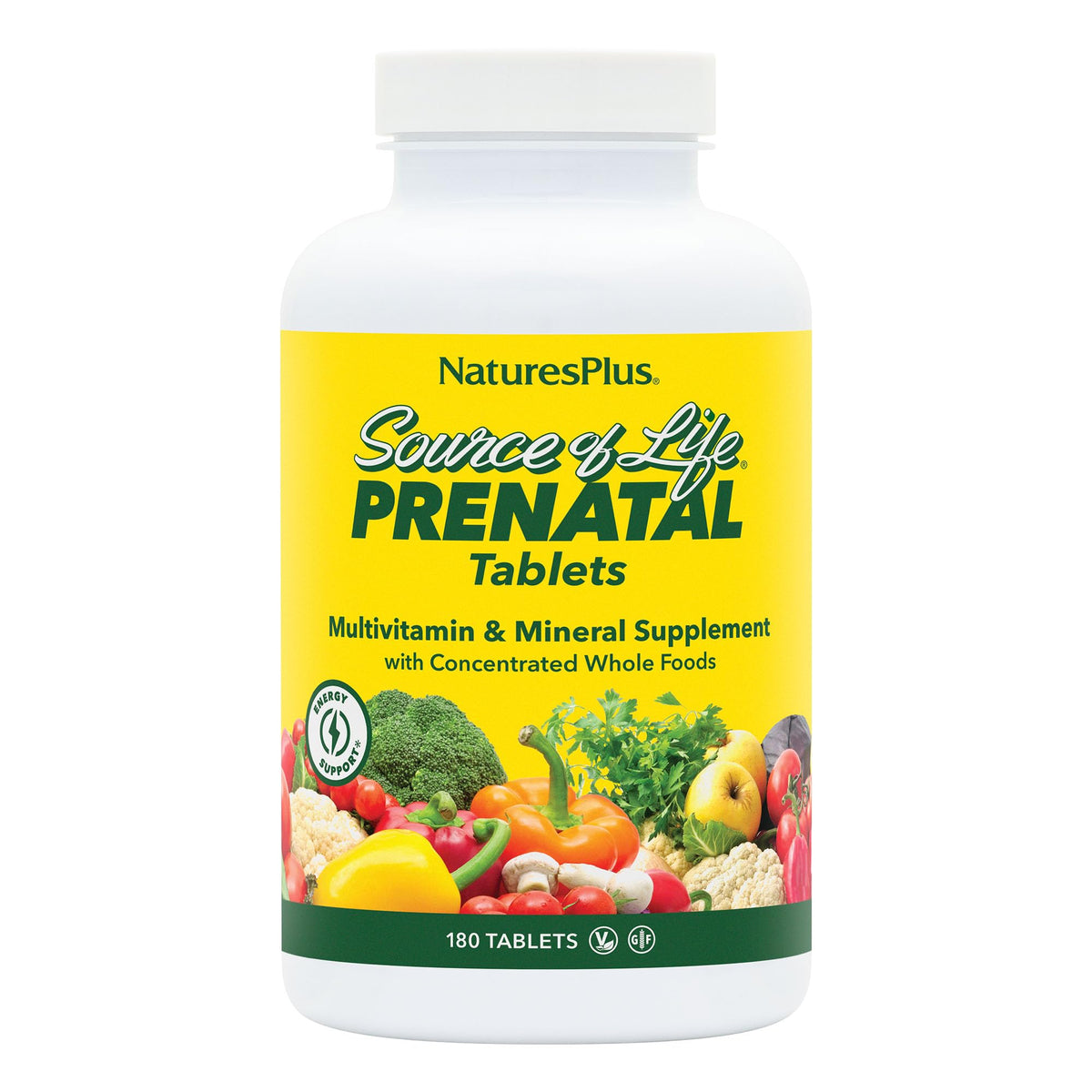 Front view of Natures Plus Source of Life Prenatal bottle
