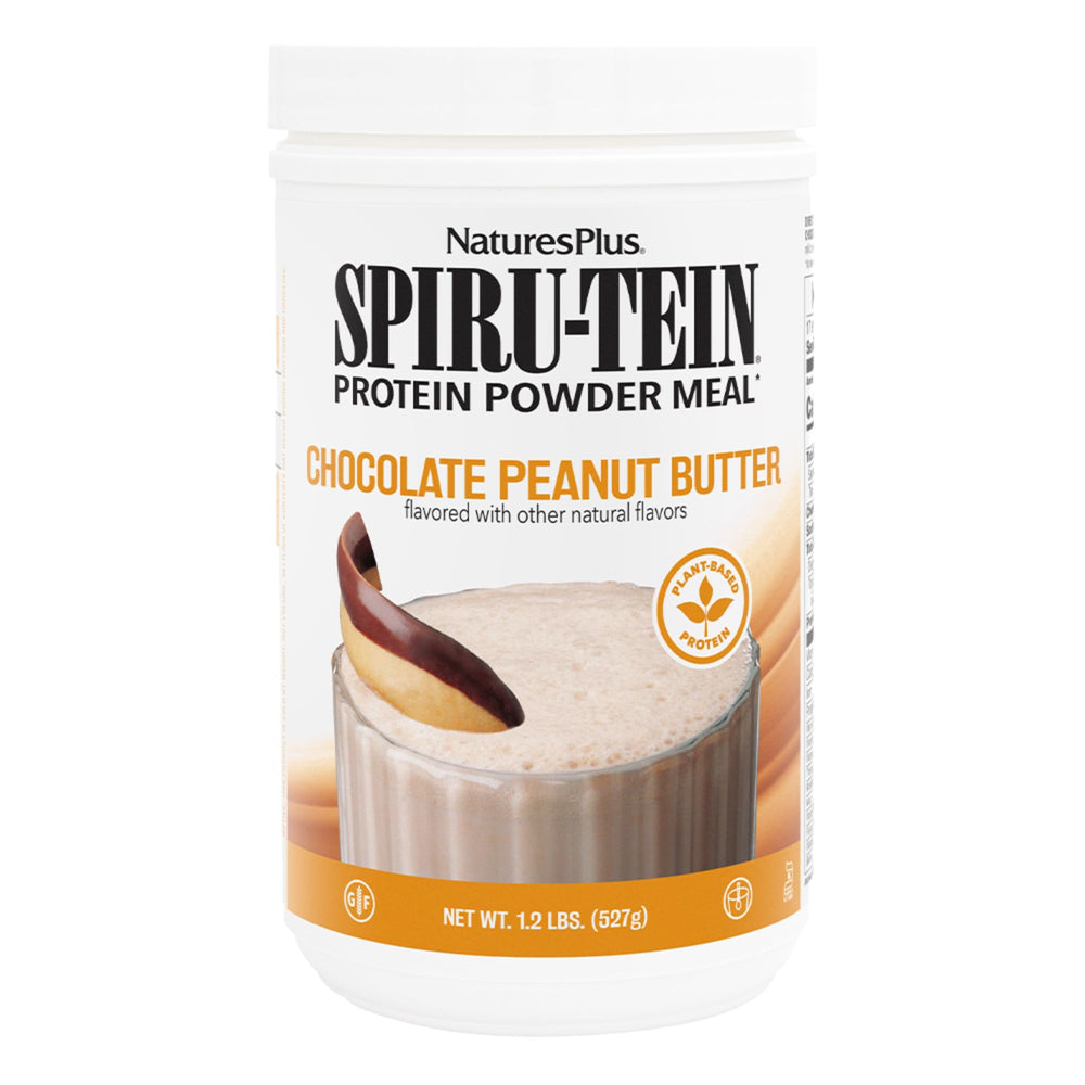 Nature's Plus SPIRU-TEIN chocolate peanut butter packaging shows premium protein and vitamins.