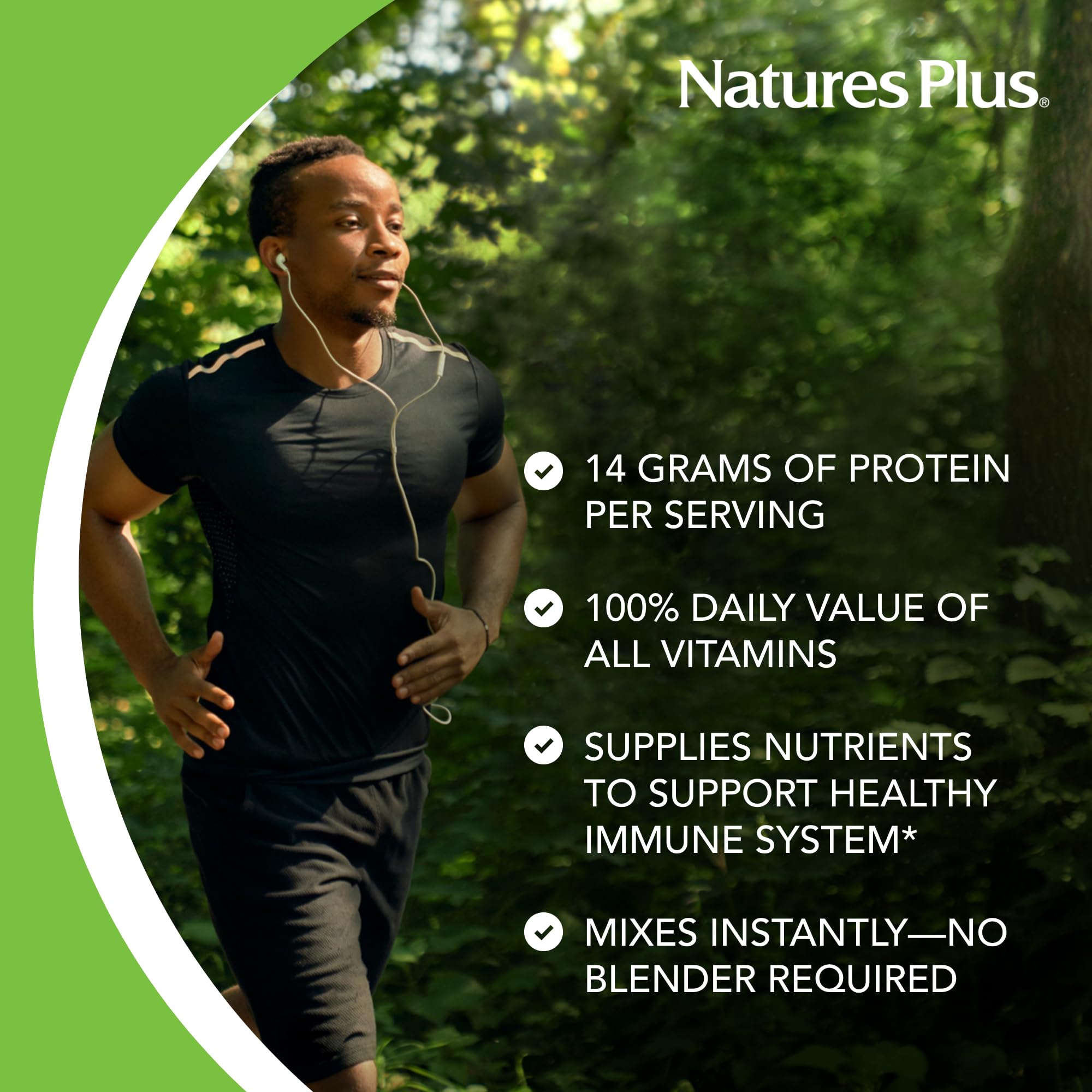 Nature's Plus SPIRU-TEIN ingredients show chia, rice, pea, flax for complete nutrition.