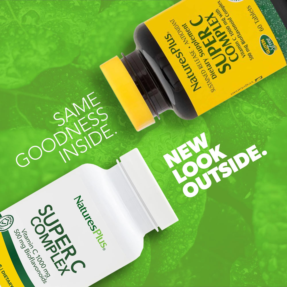 Close-up of Super C Complex capsules showing 1000 mg vitamin C and rose hips