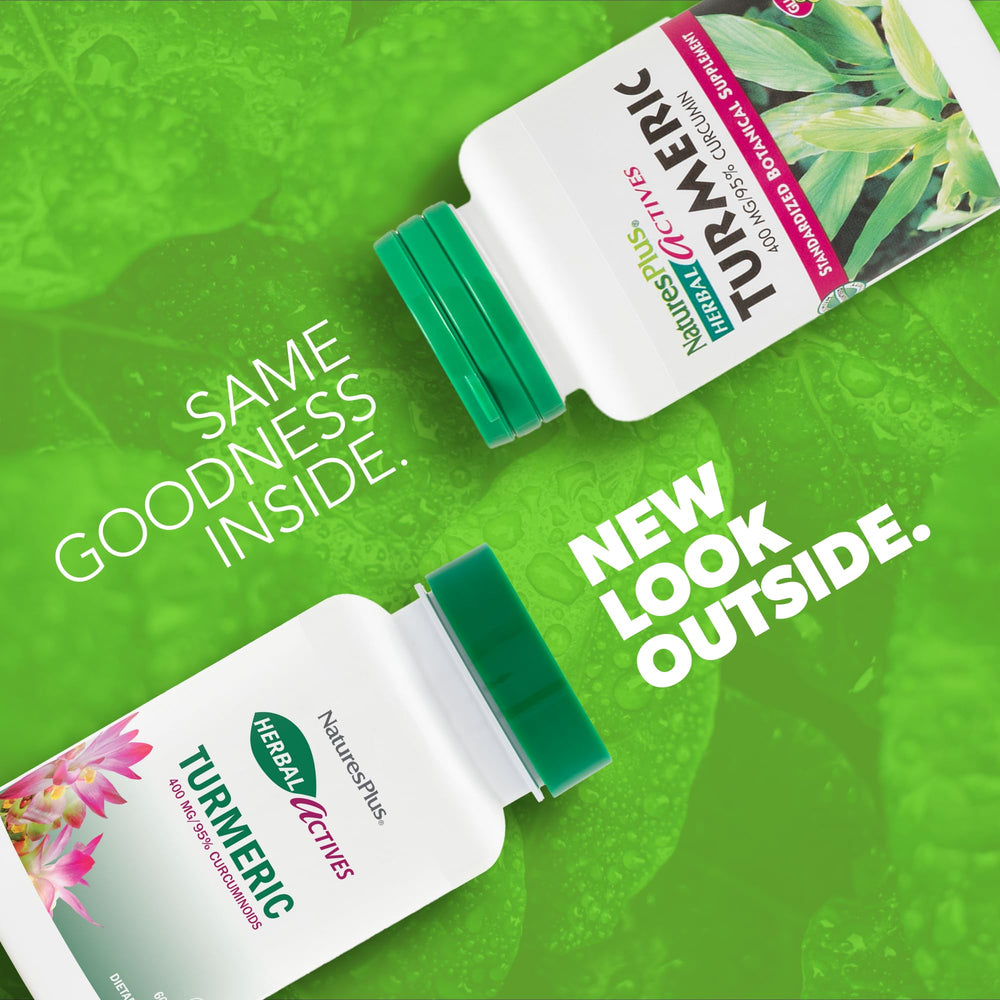 Close-up of 95% curcumin label on Natures Plus bottle