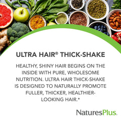 Close-up of ingredients and vitamins in Ultra Hair Thick Shake