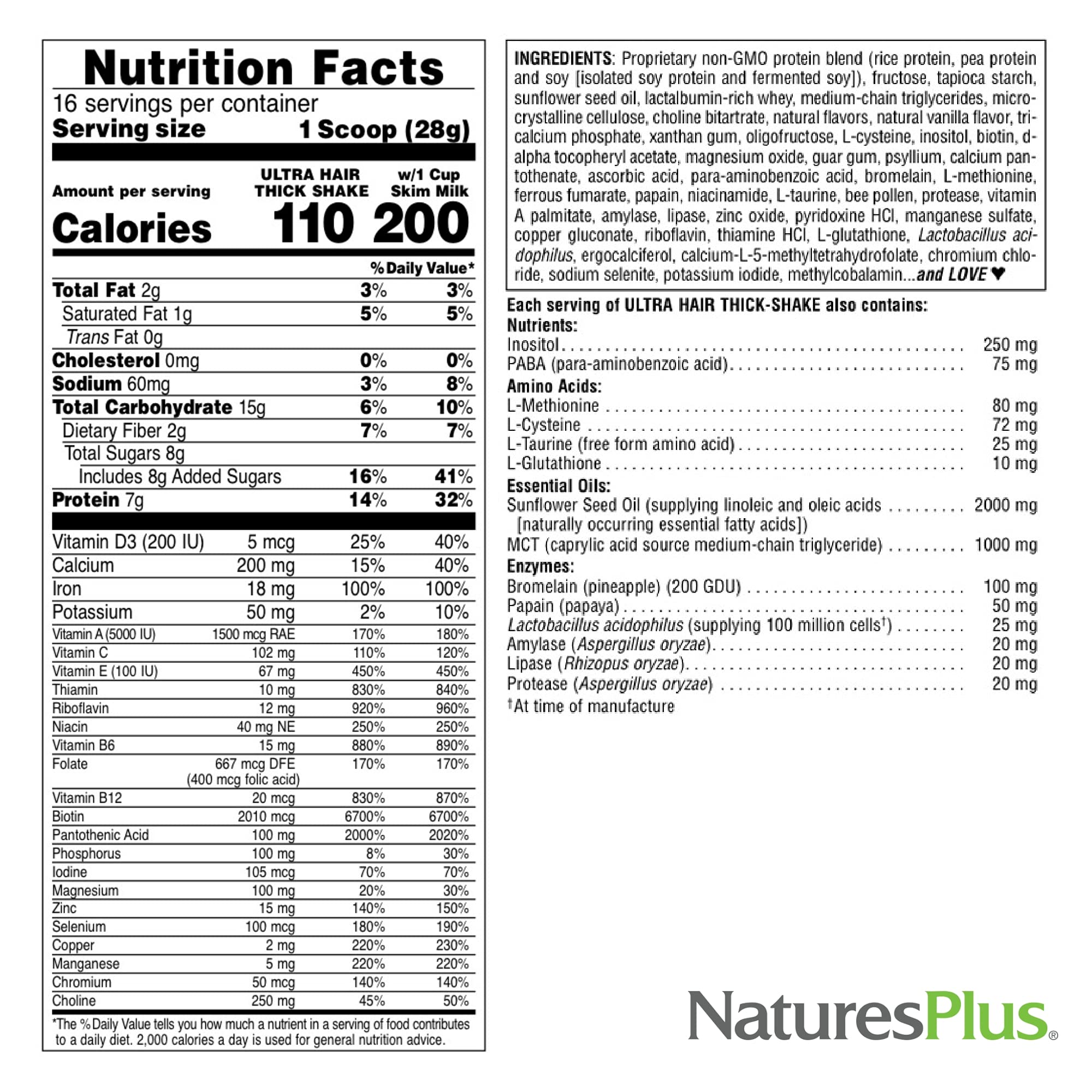 Non-GMO and gluten-free claims on Ultra Hair Thick Shake packaging