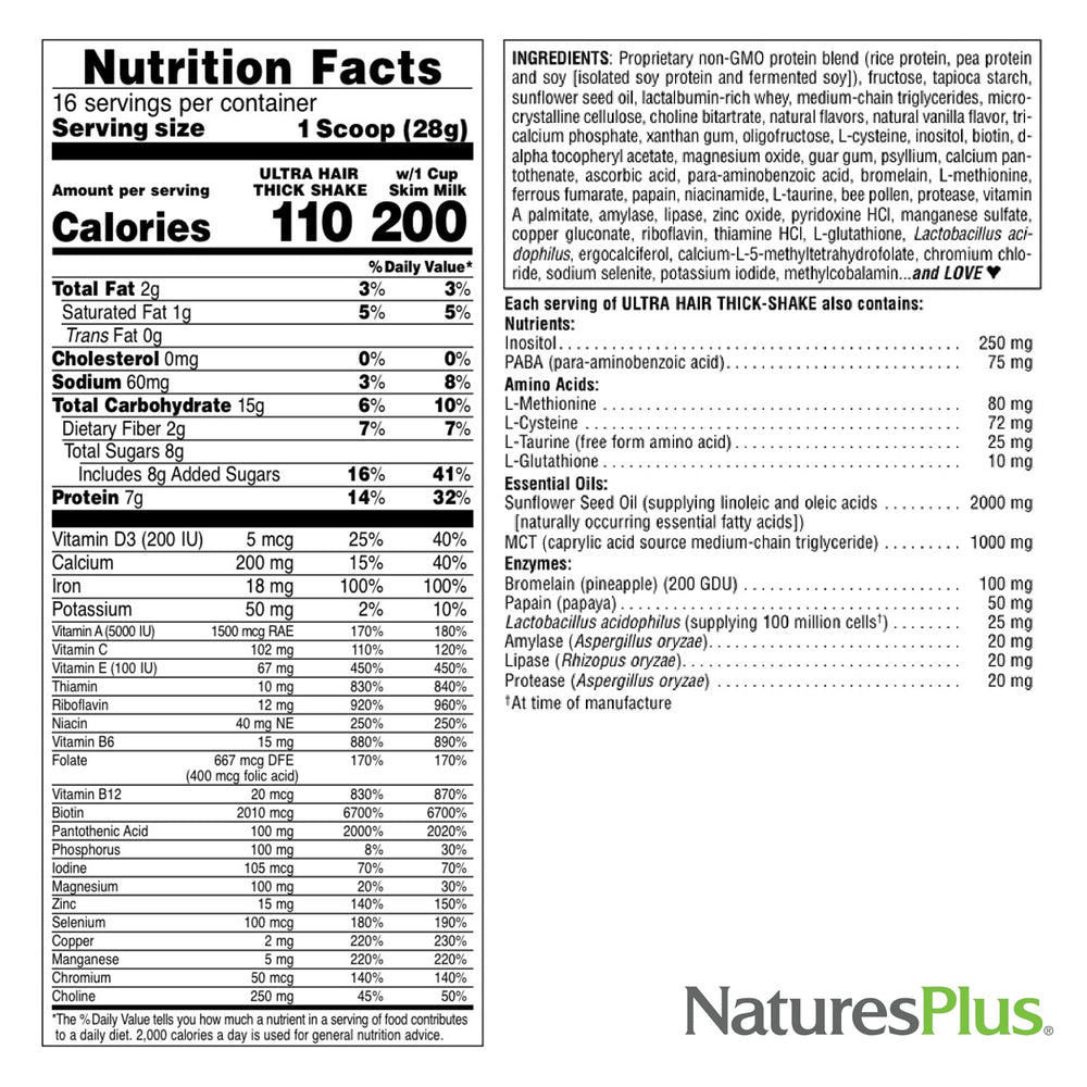 Non-GMO and gluten-free claims on Ultra Hair Thick Shake packaging