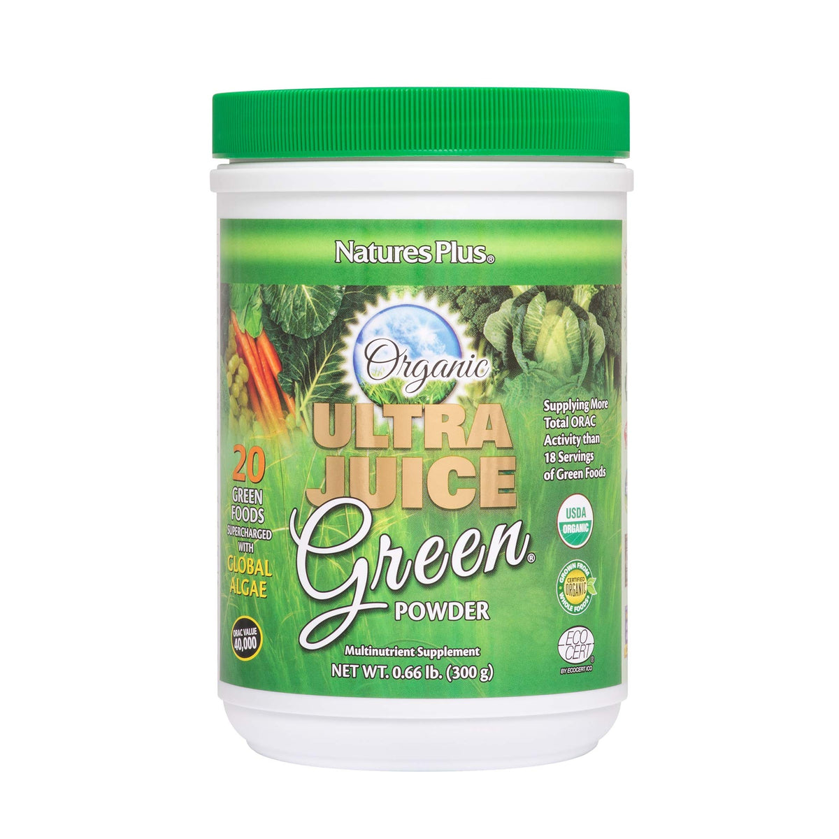 Front view of Natures Plus Ultra Juice Green Powder 0.66 lb container