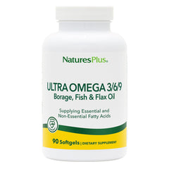 Bottle of Natures Plus Ultra Omega 3-6-9 1200 mg with 90 softgels