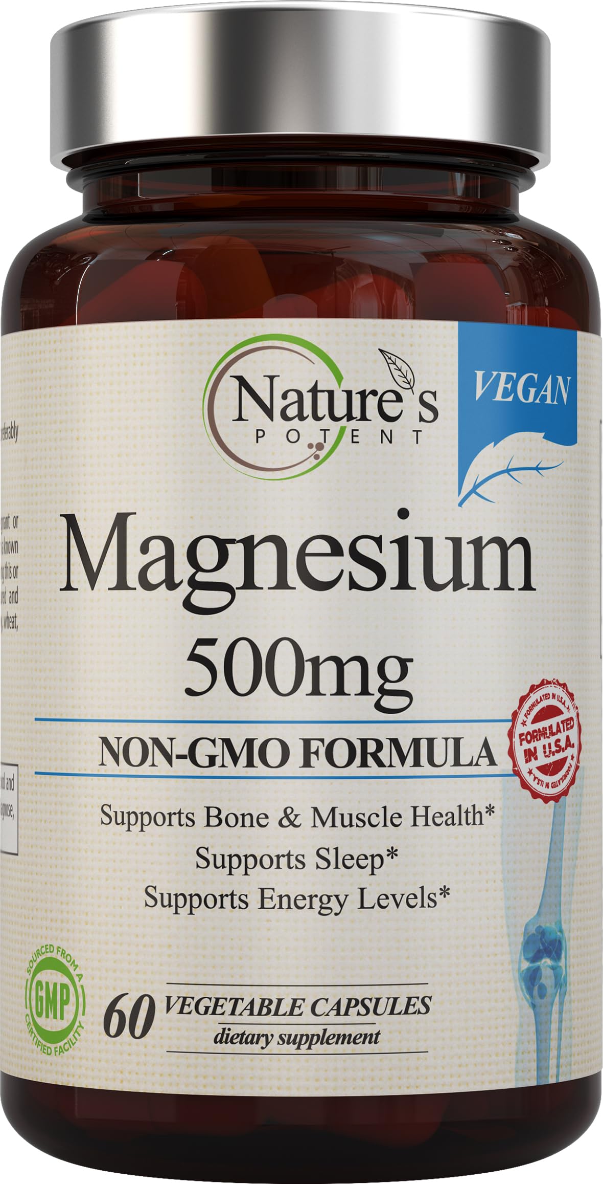 Bottle of Nature's Potent Magnesium 500mg citrate and oxide, vegan, 60 capsules
