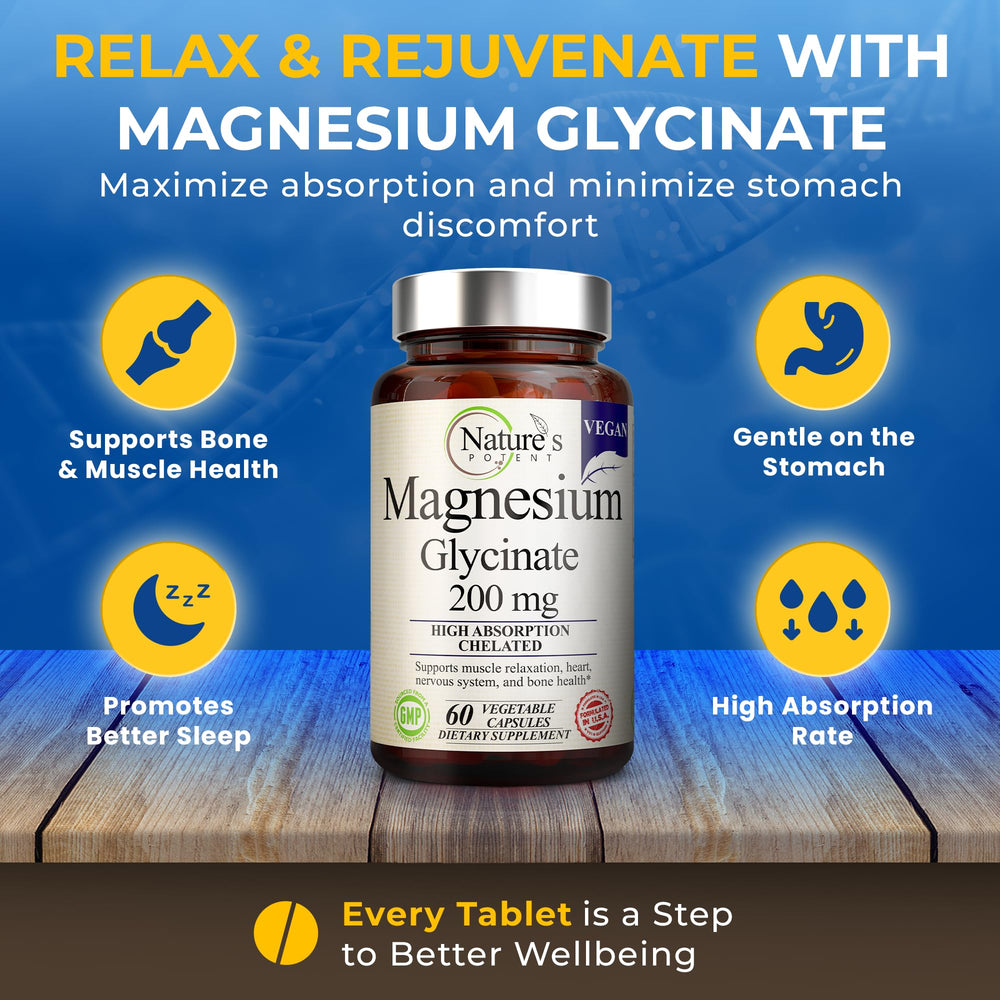 Back label of Nature’s Potent Magnesium Glycinate 200mg bottle