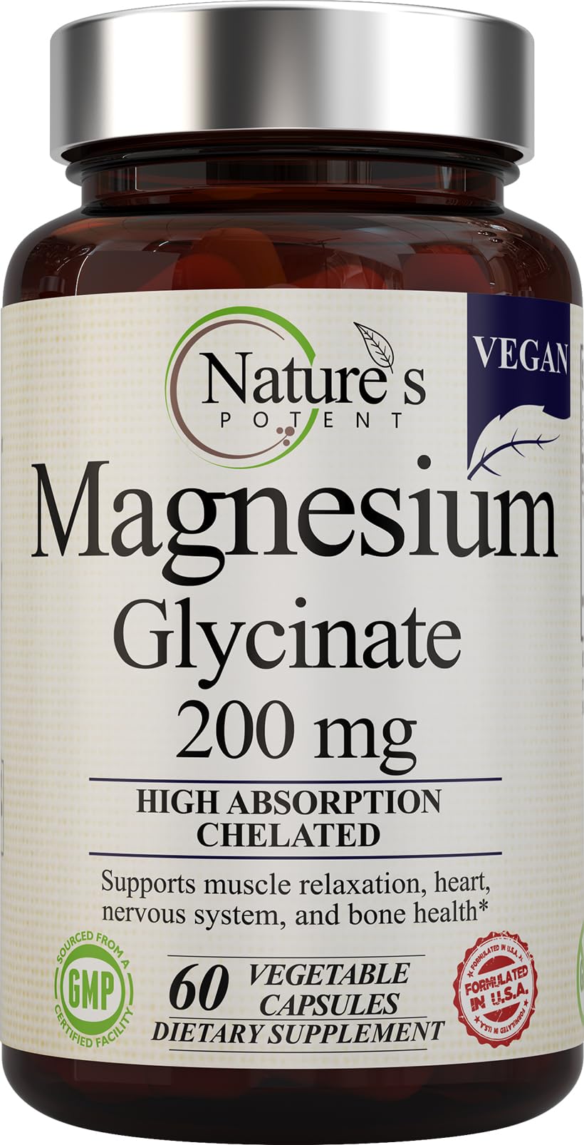 Front view of Nature’s Potent Magnesium Glycinate 200mg bottle