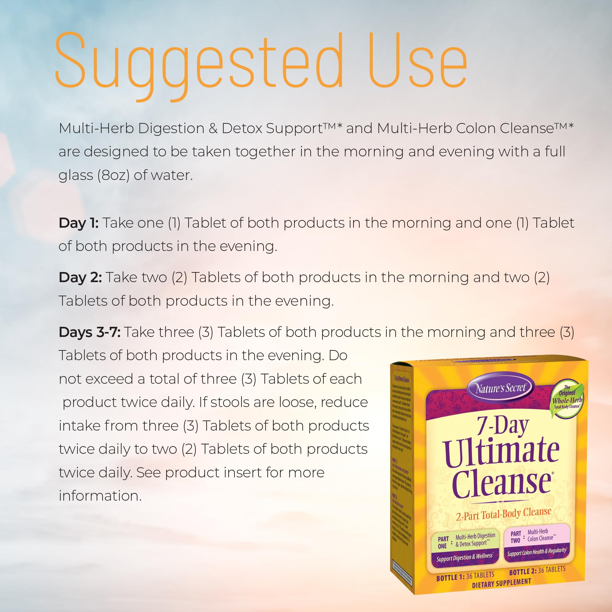 Nature's Secret 7 Day Ultimate Cleanse tablets close-up highlights compact daily capsules.
