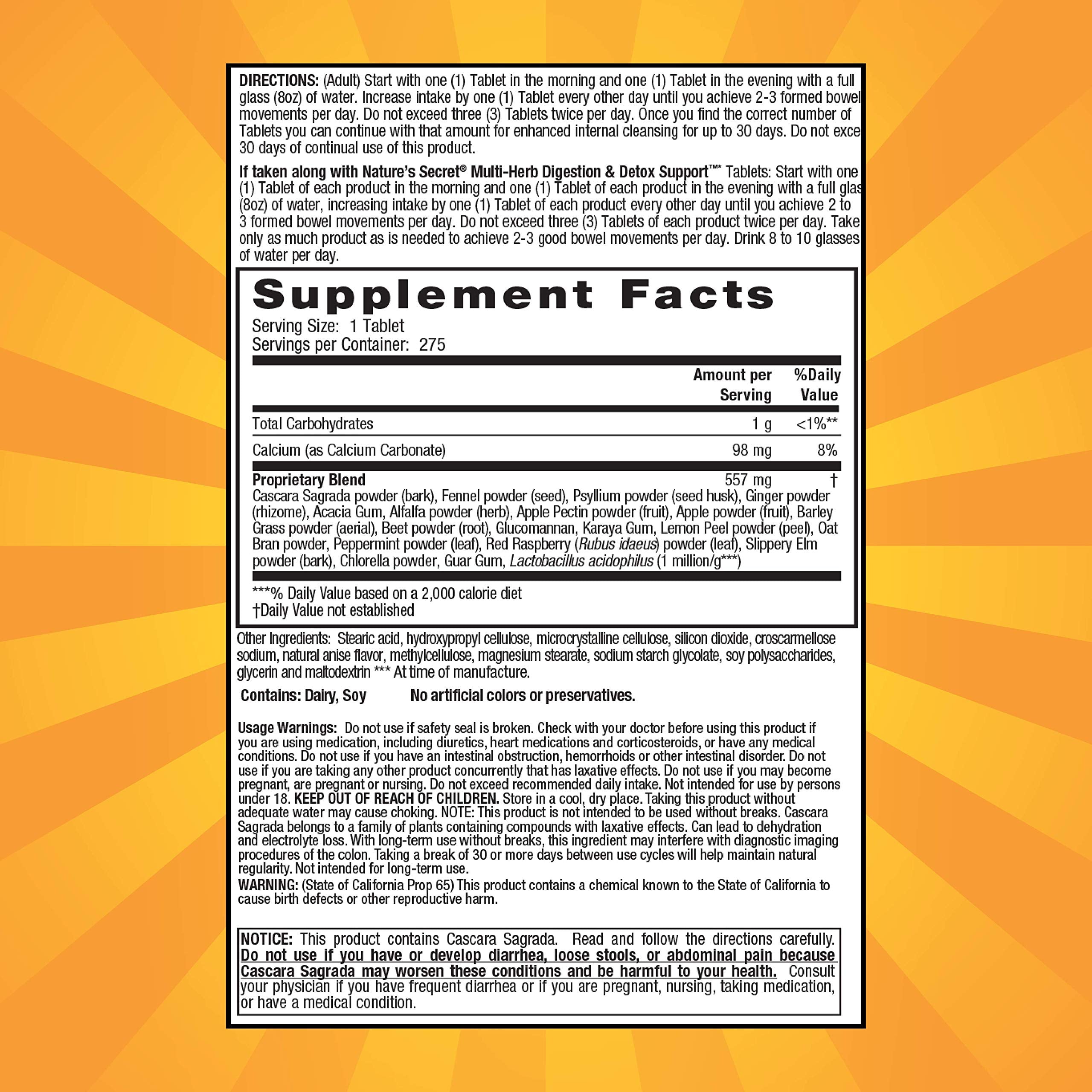 Nature's Secret Multi-Herb Colon Cleanse label and supplement facts