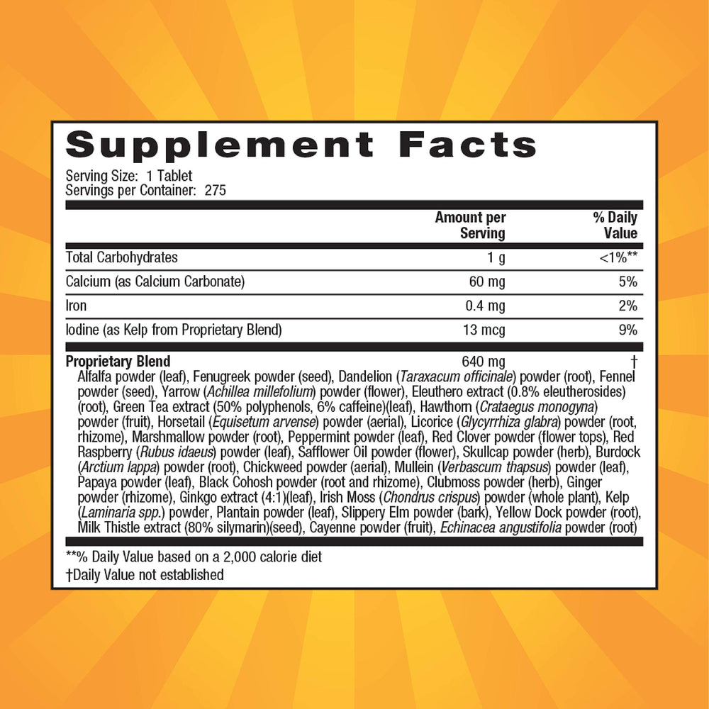 Close-up of herbal blend including alfalfa, dandelion, fennel and green tea