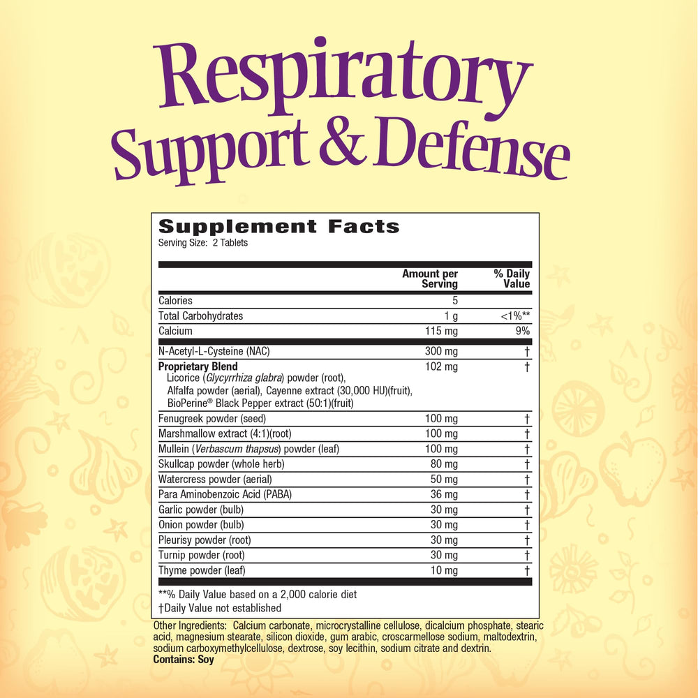 Nature's Secret Respiratory Support & Defense bottle label highlights NAC, fenugreek and marshmallow.