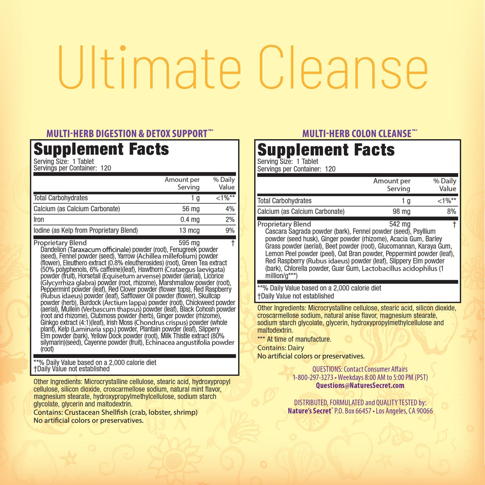 Nature's Secret Ultimate Cleanse capsules close-up showing herbal blend for detox support.