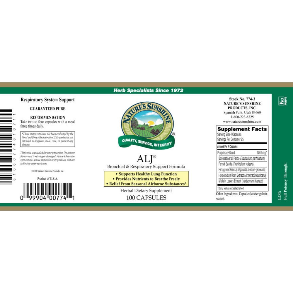 ALJ Vegicaps close-up showing fenugreek and mullein herbs for respiratory support