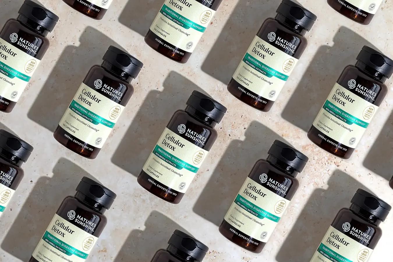 Nature's Sunshine Cellular Detox ingredients panel featuring gentian, cascara sagrada, and fenugreek.