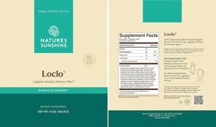 Ingredients list for Loclo showing psyllium hulls, apple fiber, cinnamon, acacia gum, flax seed