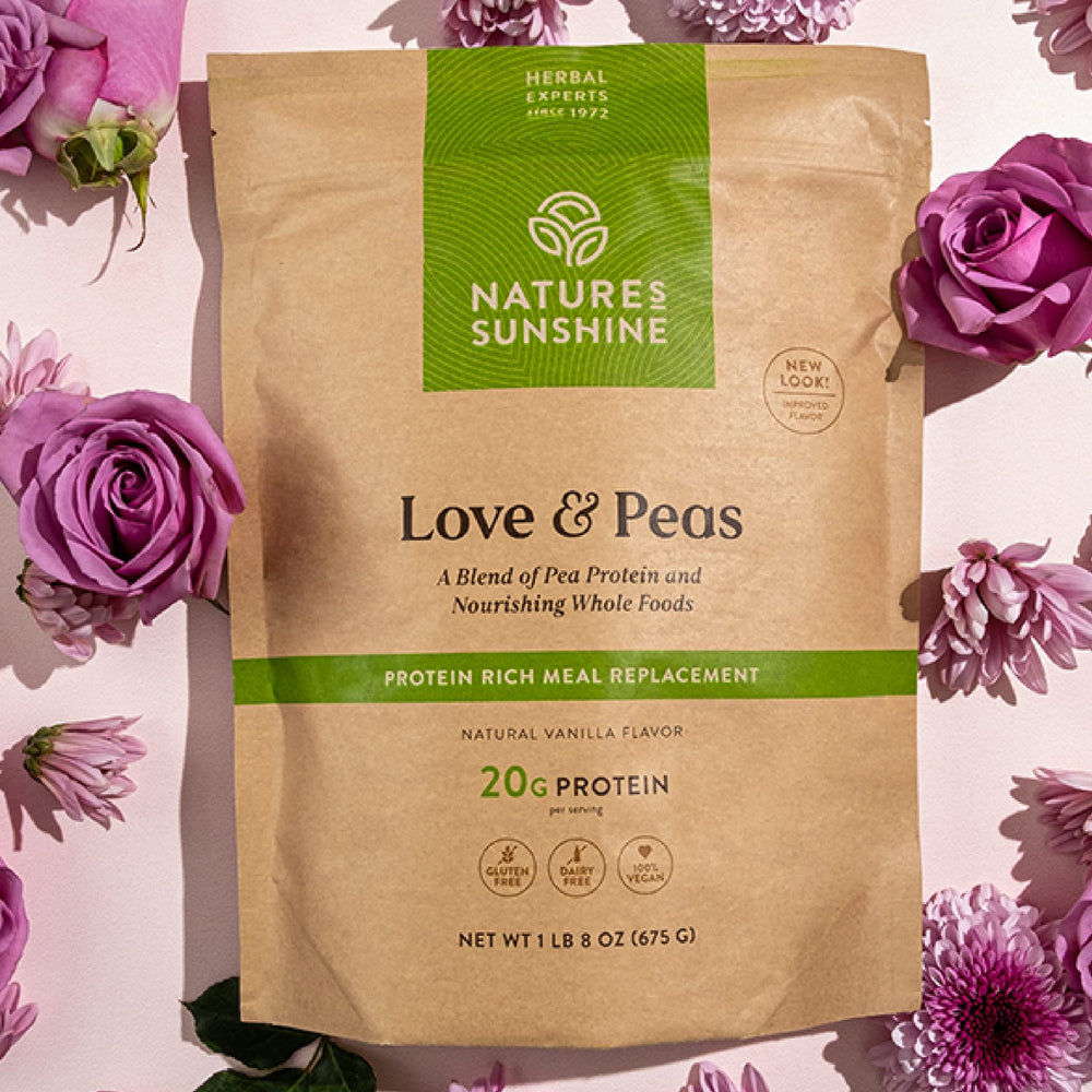 Nature's Sunshine Love and Peas bag side label showing vegan certification
