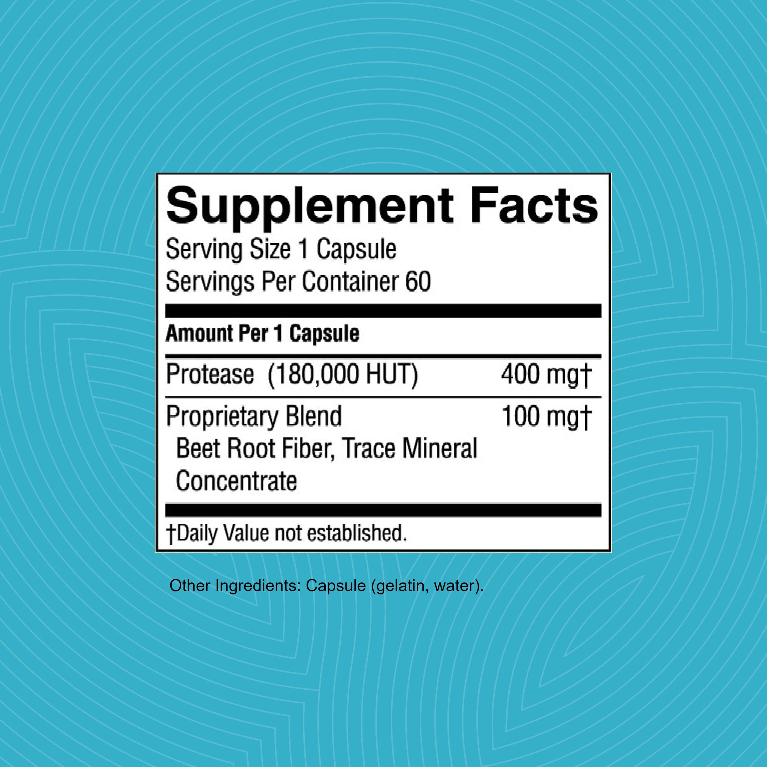 Front view of Protease 60 Capsules packaging