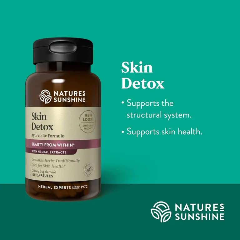 Nature's Sunshine Skin Detox capsules close-up highlighting herb-based formula for daily wellness.