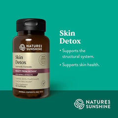 Nature's Sunshine Skin Detox capsules close-up highlighting herb-based formula for daily wellness.