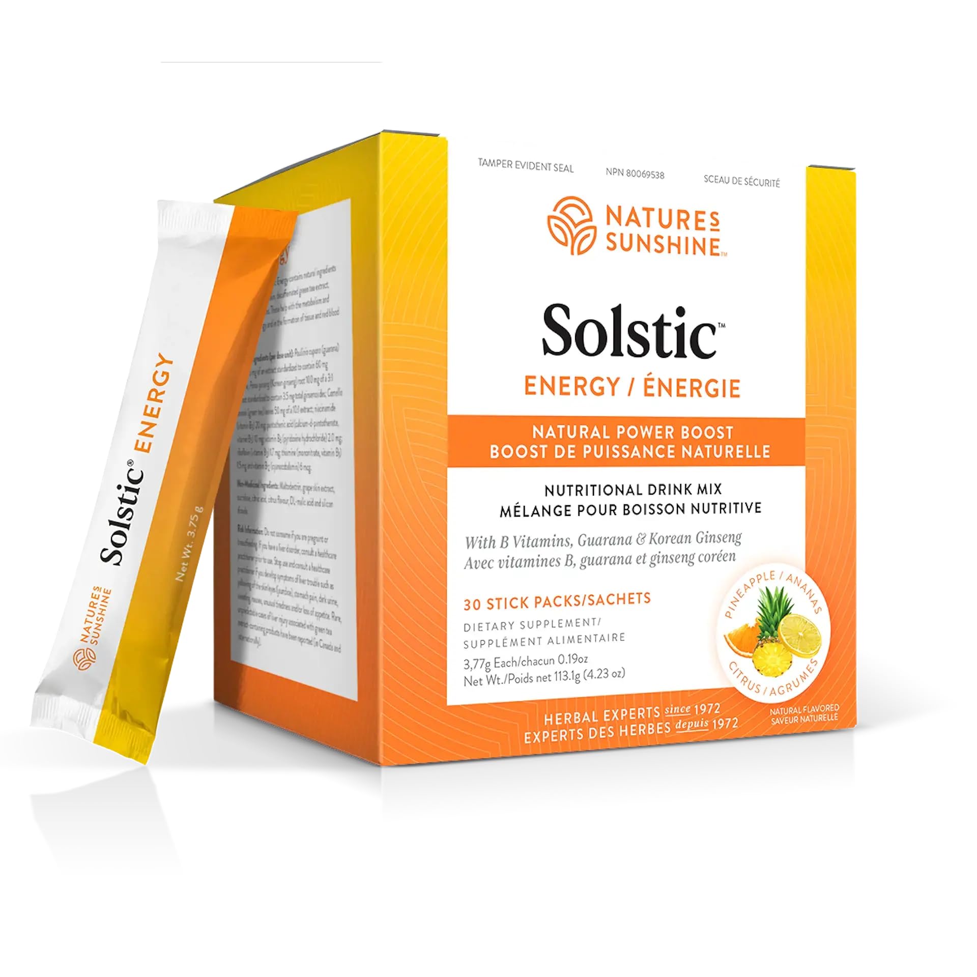 Nature's Sunshine Solstic Energy packet closed shows portable boost for on-the-go workouts.
