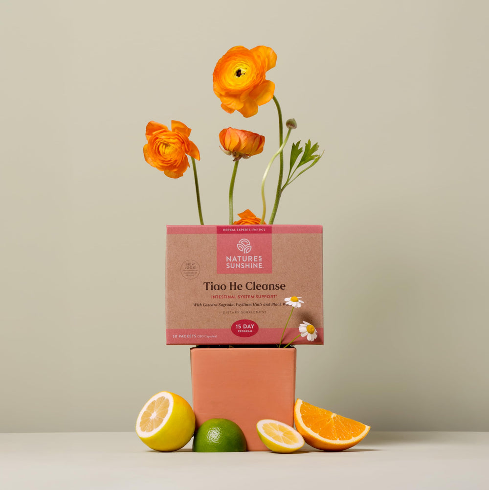 Nature's Sunshine Tiao He liver-support imagery highlighting detox and digestion benefits.