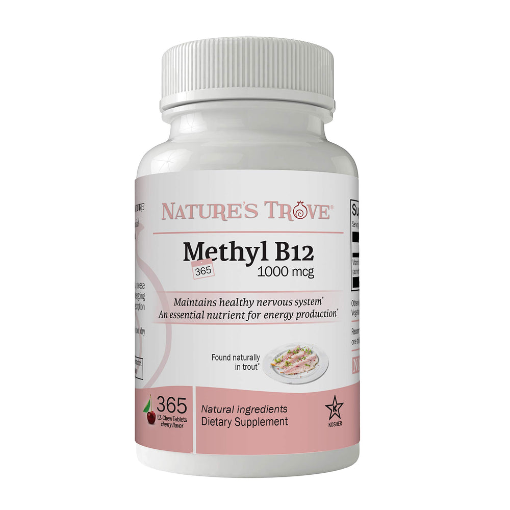 Natures Trove 365-count B12 methylcobalamin cherry flavor chewable tablets bottle