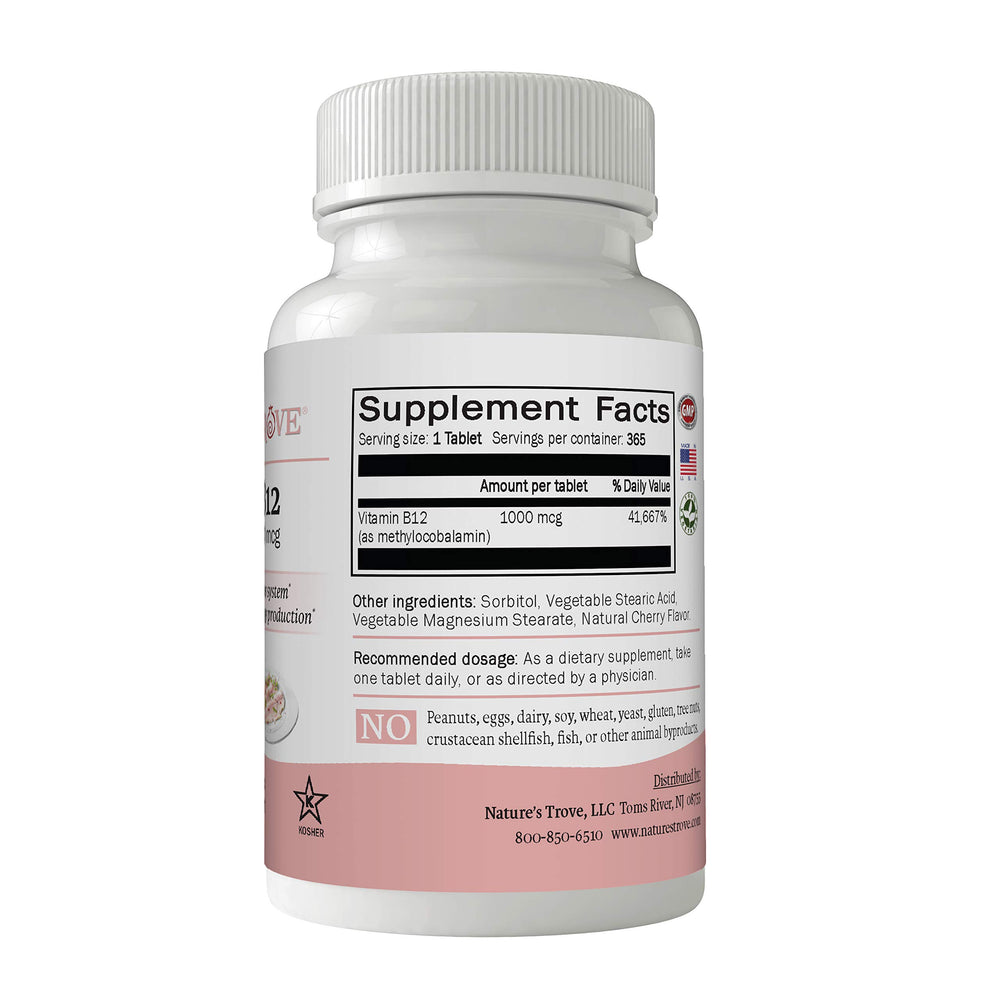 Close-up of Natures Trove B12 methylcobalamin cherry flavor chewable tablets