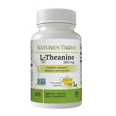 Nature's Trove L-Theanine 200mg bottle with 365 vegetarian capsules