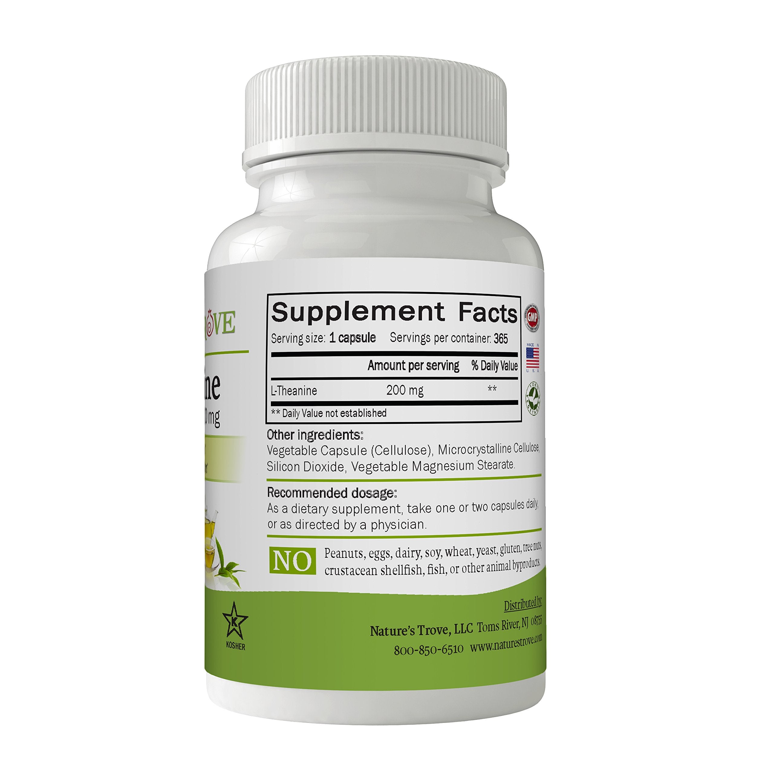 Close-up of Nature's Trove L-Theanine 200mg label highlighting green tea origin