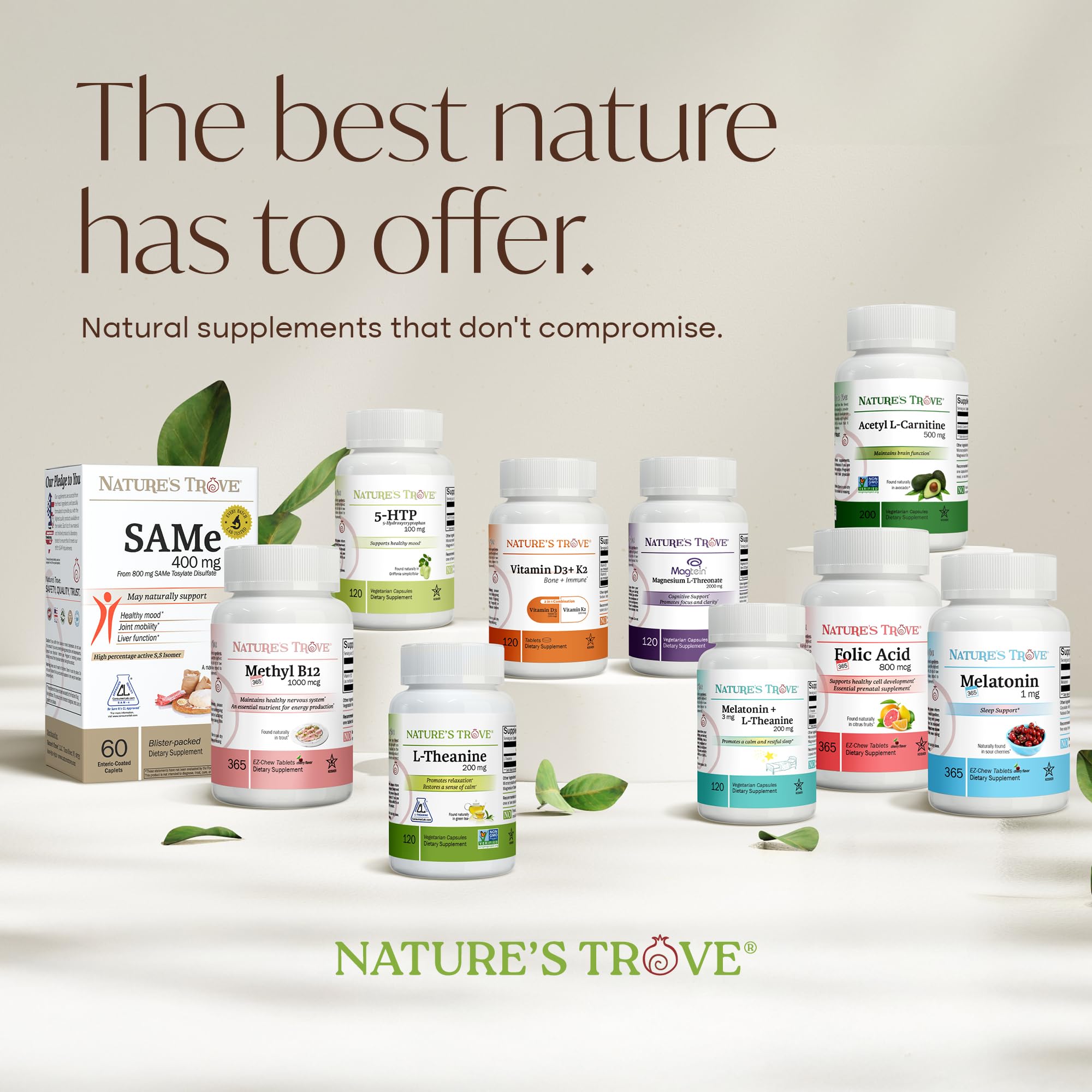 Nature's Trove SAM-e 400mg allergen-free icons highlight vegan and non-GMO claims.