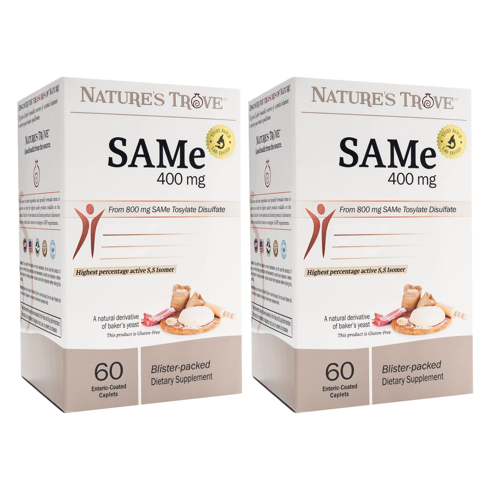 Nature's Trove SAM-e 400mg enteric caplets blister front shows 2x60 packaging for freshness.