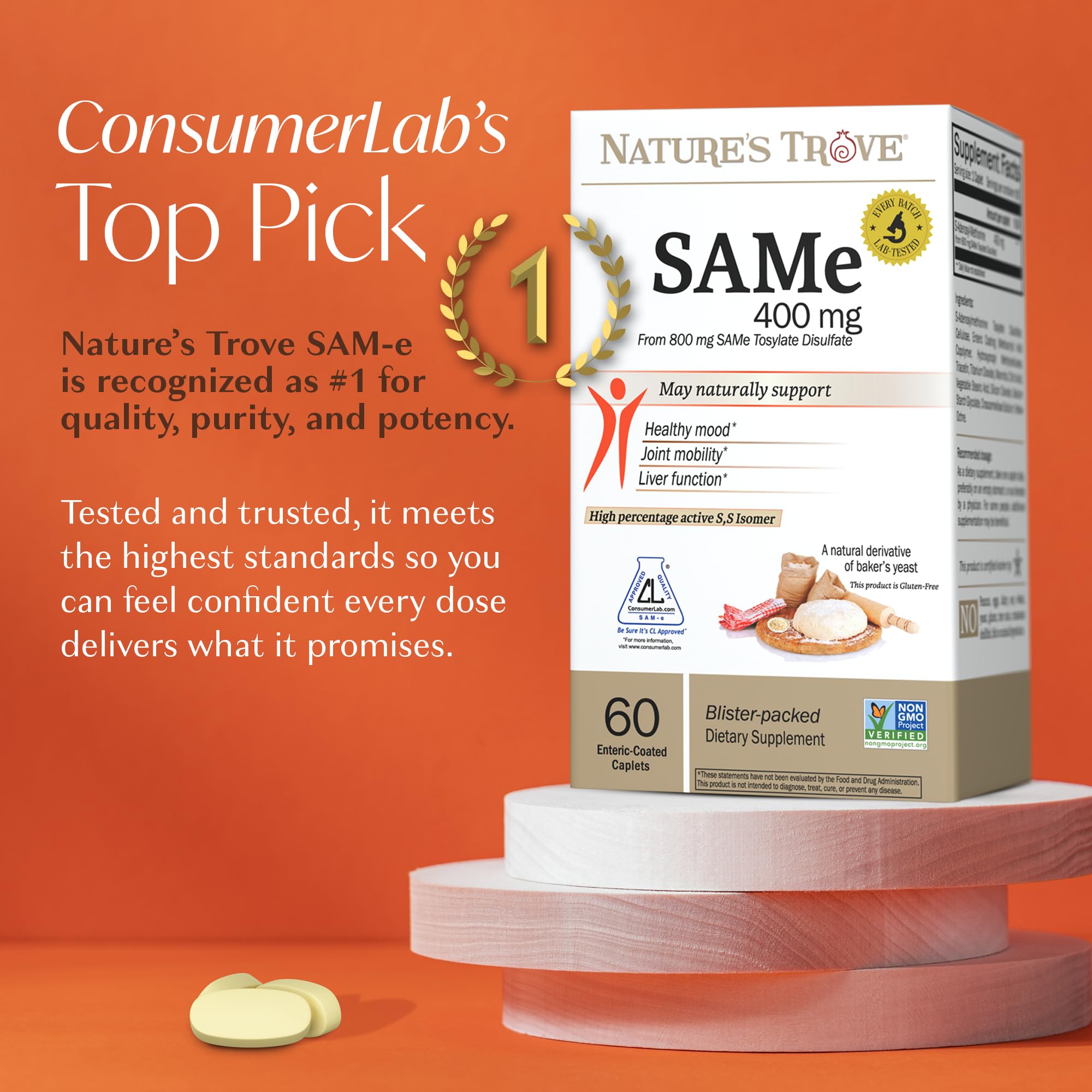 Nature's Trove SAM-e caplets showing enteric coating for absorption.