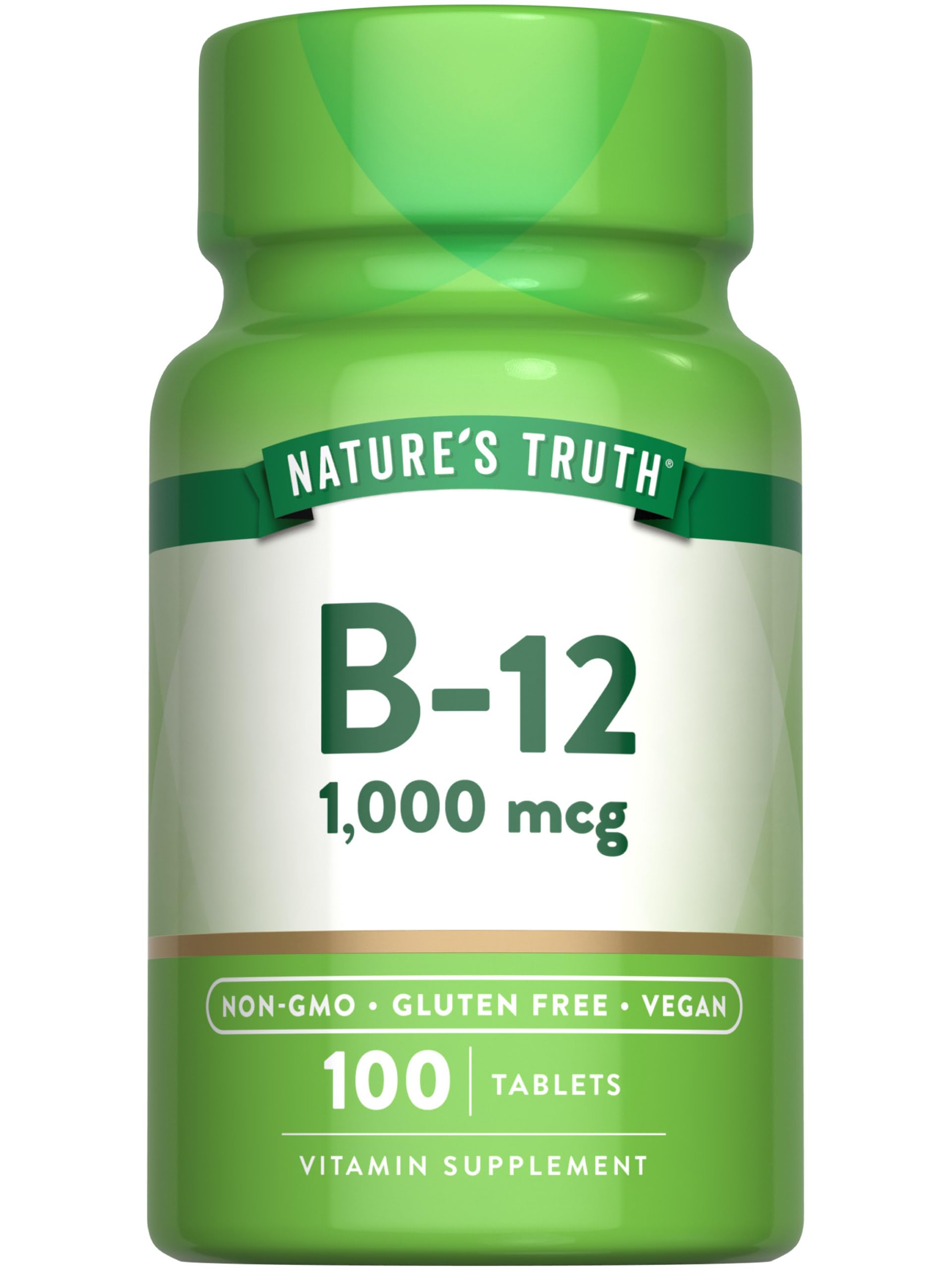 Nature's Truth Vitamin B12 1000 mcg tablets product image showing 100-count vegan, non-GMO, gluten-free supplement