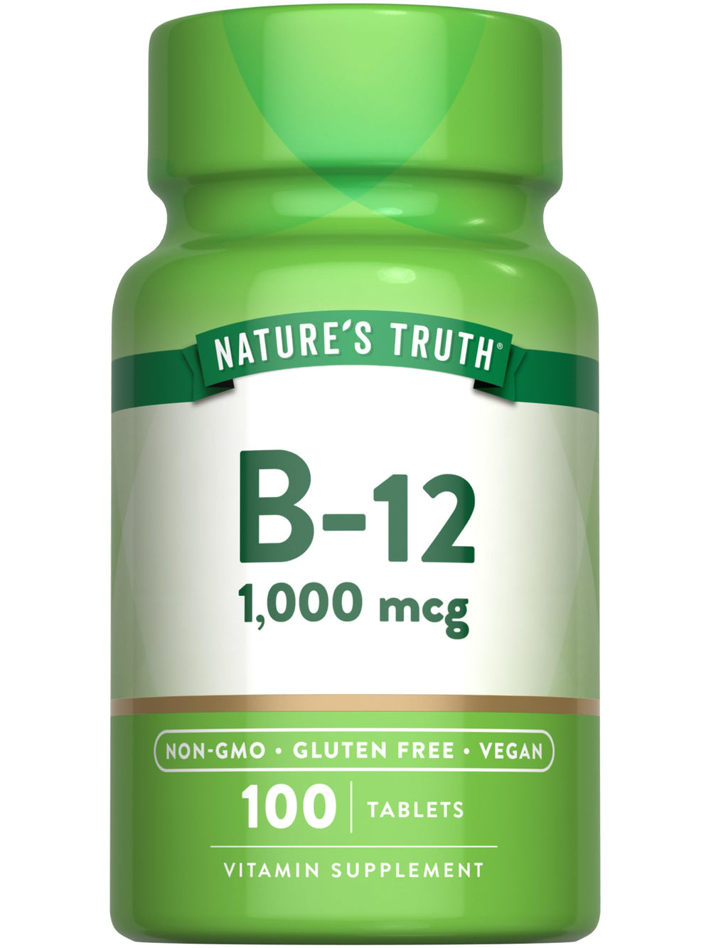 Nature's Truth Vitamin B12 1000 mcg tablets product image showing 100-count vegan, non-GMO, gluten-free supplement