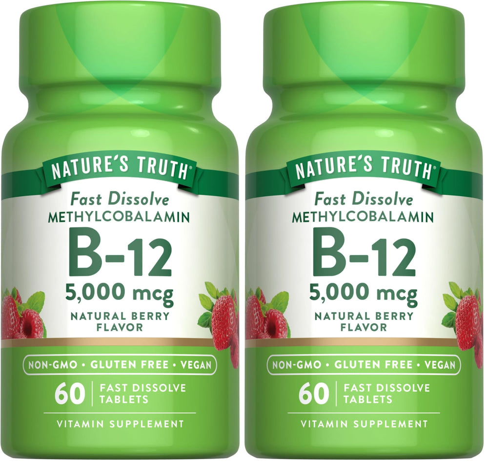 Front view of Nature's Truth B12 Vitamin 5000 mcg 60 fast-dissolve tablets in natural berry flavor Pack of 2