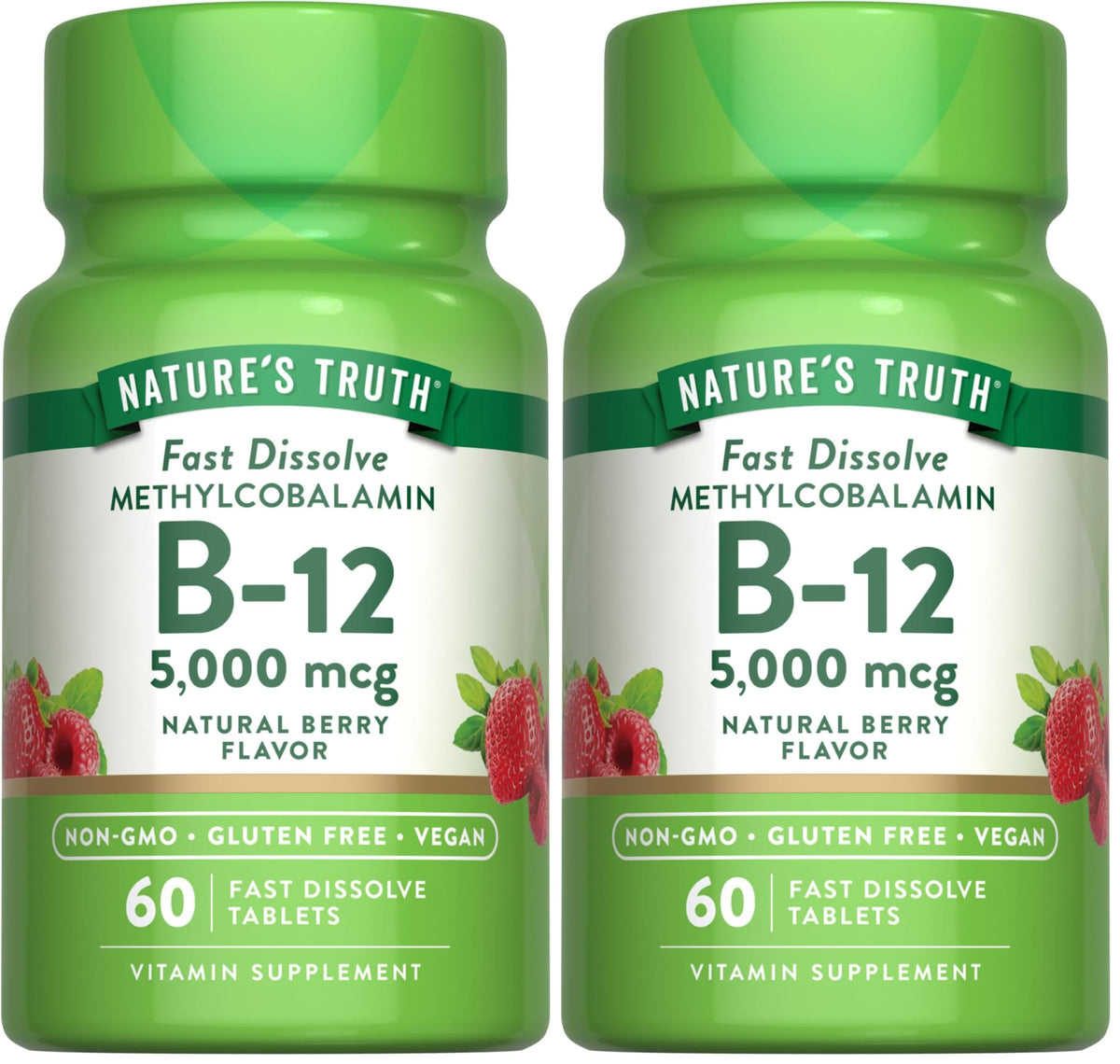 Front view of Nature's Truth B12 Vitamin 5000 mcg 60 fast-dissolve tablets in natural berry flavor Pack of 2