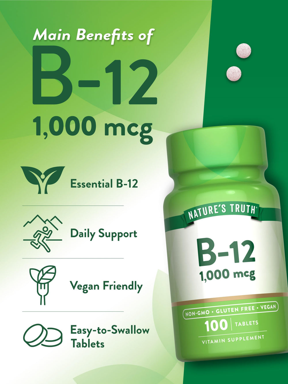Vegan-friendly Nature's Truth B12 tablet