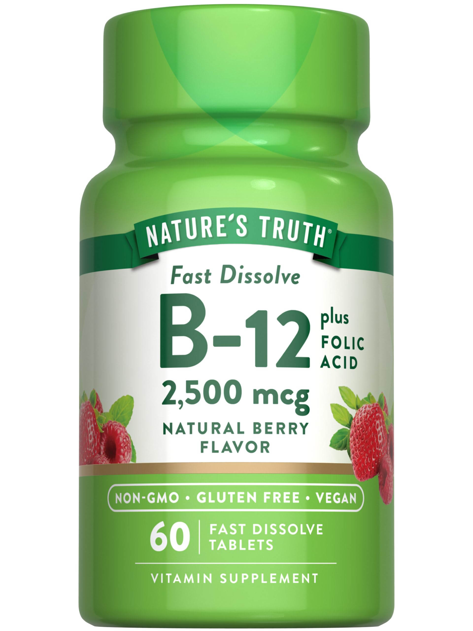Bottle of Nature's Truth B12 Vitamin 60 fast-dissolve tablets with berry flavor