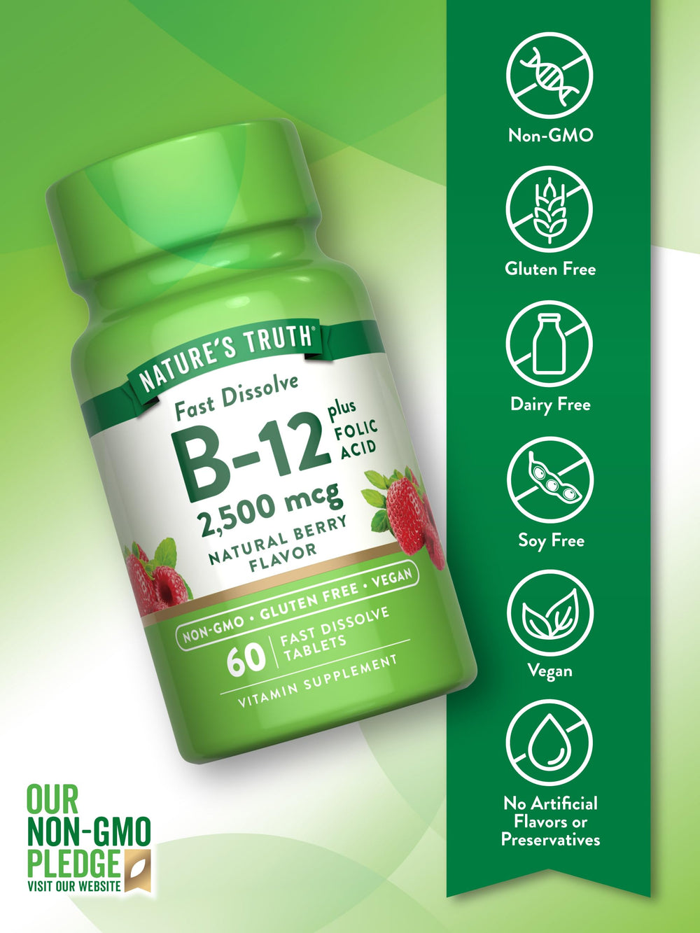 Nature's Truth B12 bottle label highlighting 2500 mcg B12 and folic acid