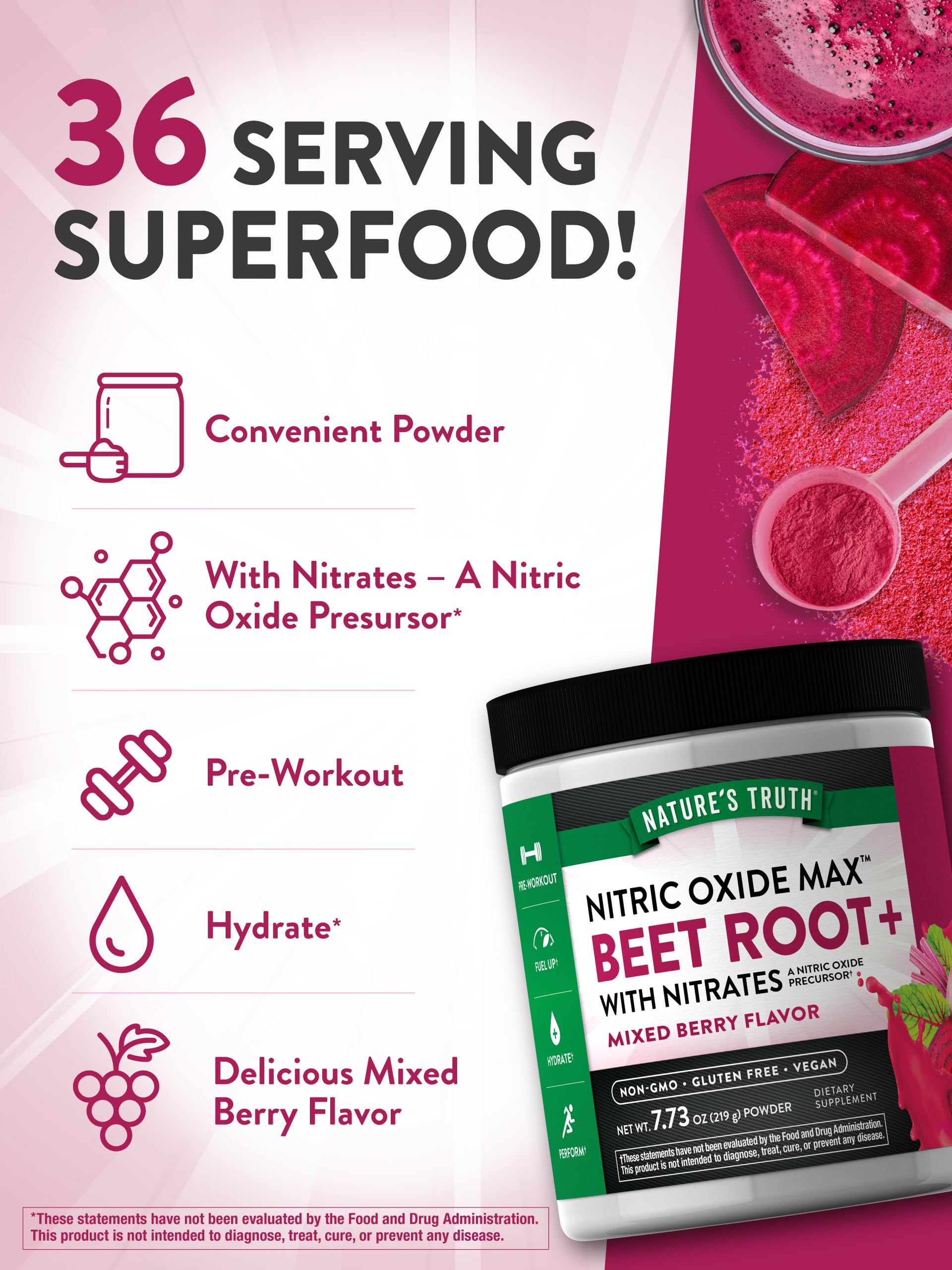 Nature's Truth Beet Root Powder ingredients panel highlights Non-GMO and vegan attributes.