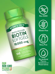 Biotin supplement bottle packaging showing non-GMO and gluten-free labels