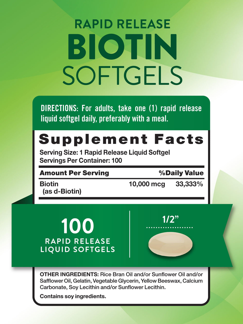 Close-up of Biotin 10,000 mcg rapid-release softgel capsule